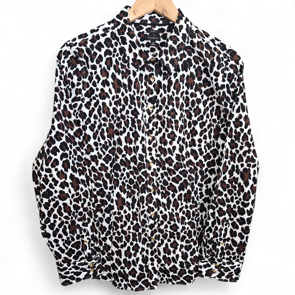Talbots Top Womens 14 Brown Black Button Up Animal Print Non Iron Career Ladies
